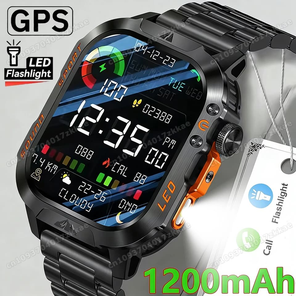 Nuovo Smartwatch Sportivo da Uomo 1200mAh con Schermo LED da 2,01 Pollici, Torcia, Cardiofrequenzimetro, Chiamate Wireless, Impermeabile IP68, Modello HW12
