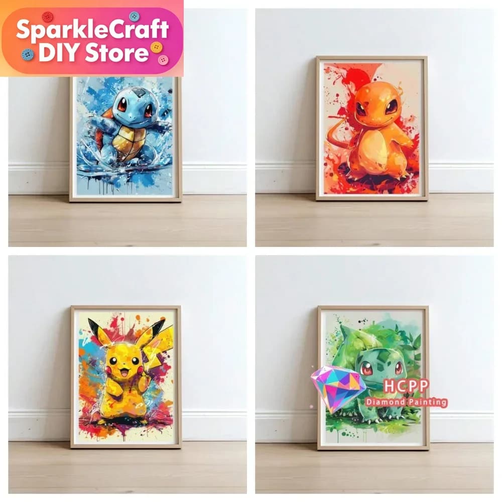 1pc frameless 2026 New Pikachu Charmander Bulbasaur Squirtle Diamond Painting Kit Square Round Diamond 5D DIY Mosaic Handmade Ar