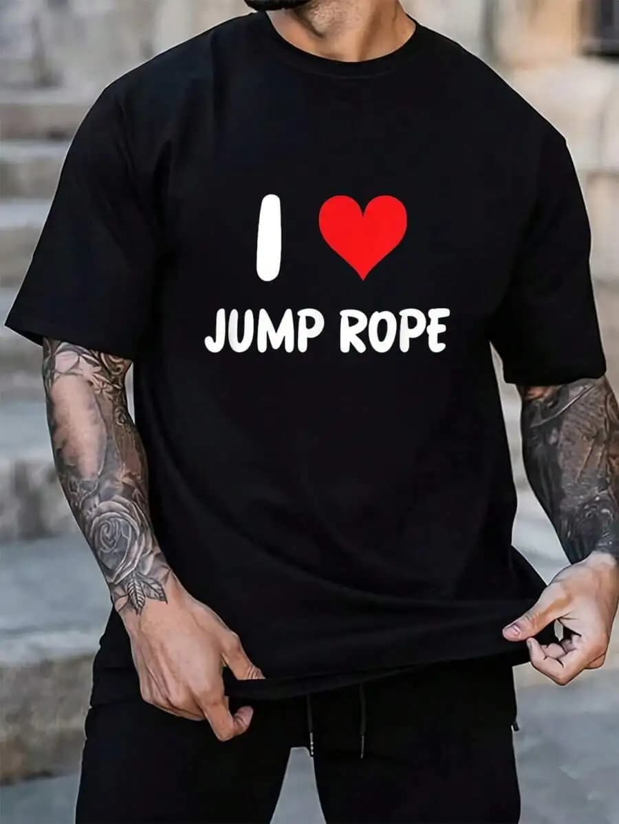 I Love Jump Rope Heart Print Cotton T-Shirt Mens Black Crew Neck Short Sleeve Casual Tee