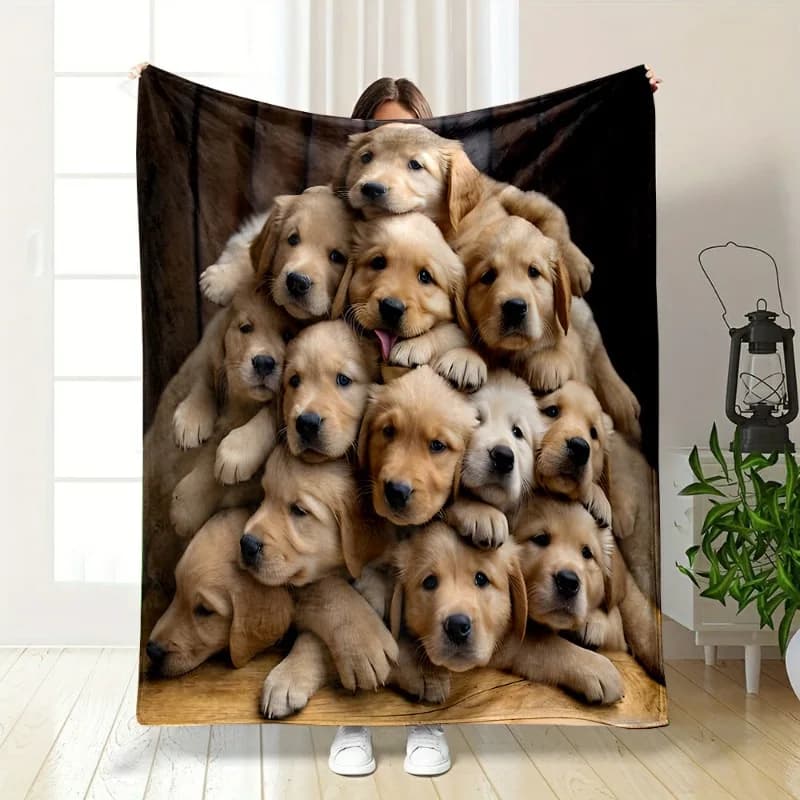 Accogliente coperta in flanella con stampa a pelo di cane Golden Retriever: morbida e reversibile per tutte le stagioni, per divano letto, ufficio e viaggi