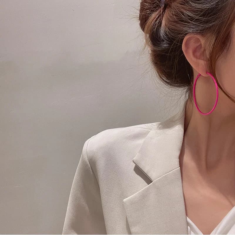 Women Vibrant Matte Hot Pink Big Hoop Earrings, Thin Colorful Circle Hoop Earrings, Summer Trend Daily Party Ear Accessories