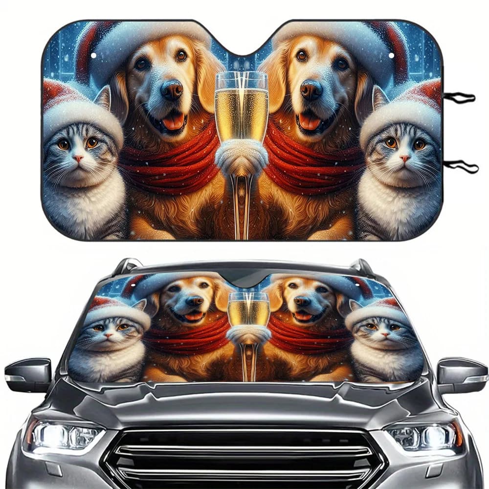 Christmas Puppy 1pc Car Windshield Sun Shade Sunshadestector, Foldable, Polyester Windshield Decor, Foldable Sunshade With 2 Fre