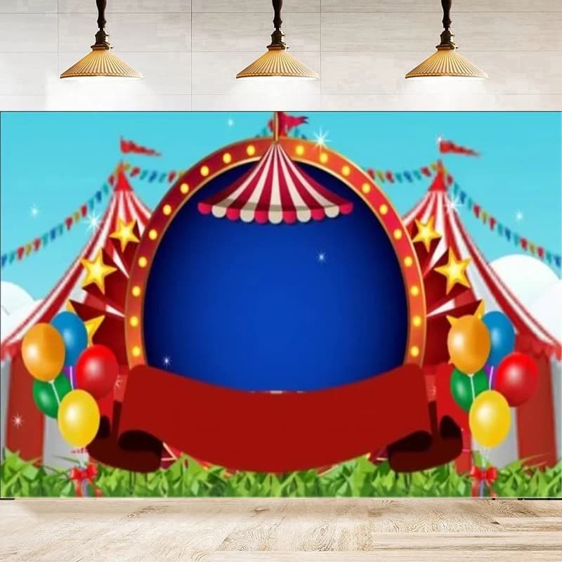 Sfondo fotografico circo rosso Tenda Stelle Sfondo festa di compleanno Neonato Doccia Torta Decorazioni da tavola Banner Poster