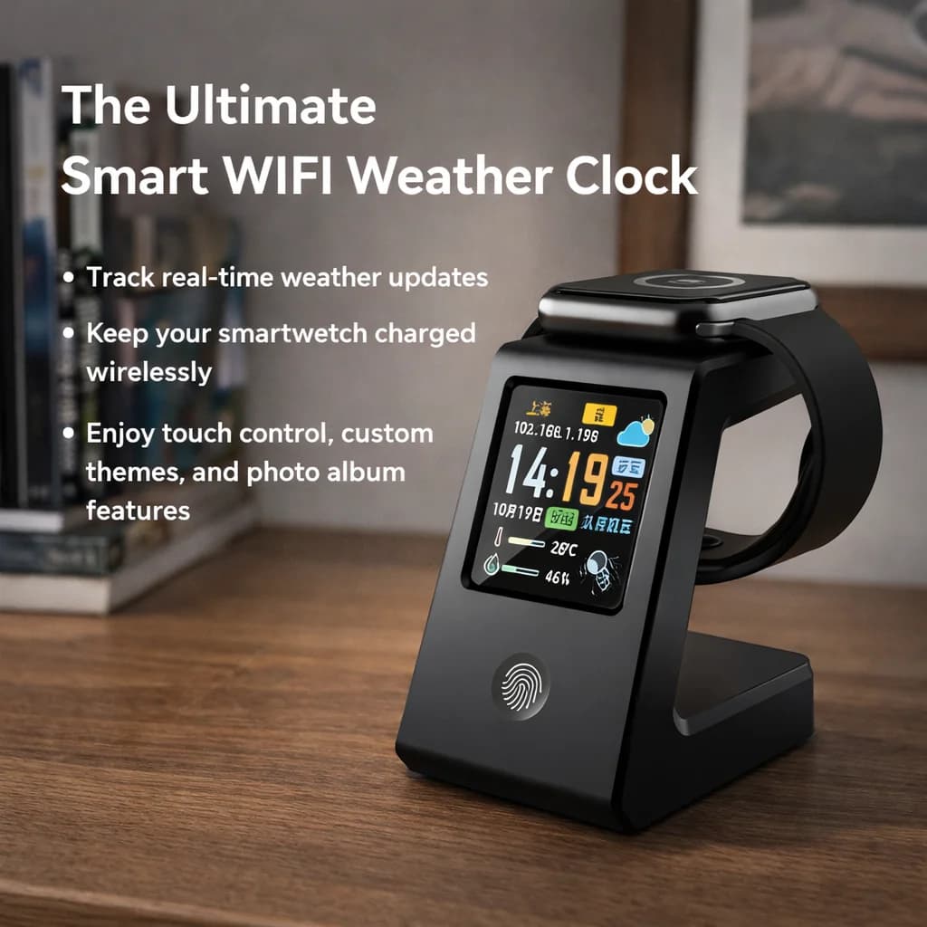 Smart WiFi Weather Clock with Wireless Charging, Digital Desk Clock, Real-Time Weather Display, Touch Control, Multi Themes, Ele