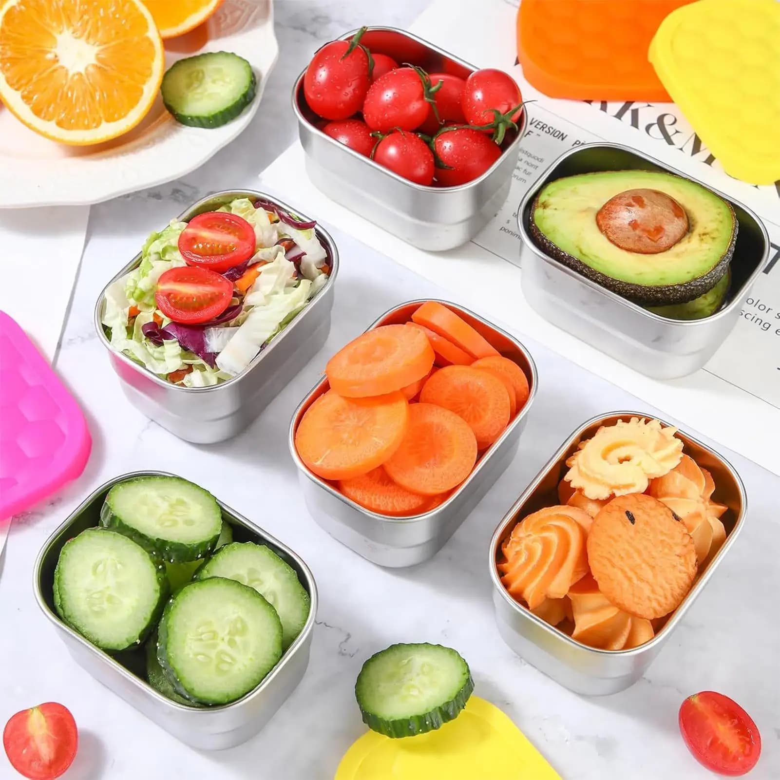 Stainless Steel Snack Containers 8 Oz Leak Proof Food Storage Containers with Silicone Lids 6 Piece Lunch Supplies Storage