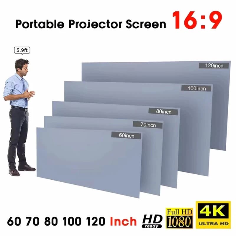 Schermo per Proiettore Portatile Anti-Luce, Telo Semplice da 60 70 80 100 120 Pollici, Schermi di Proiezione per Casa, Esterni, Ufficio