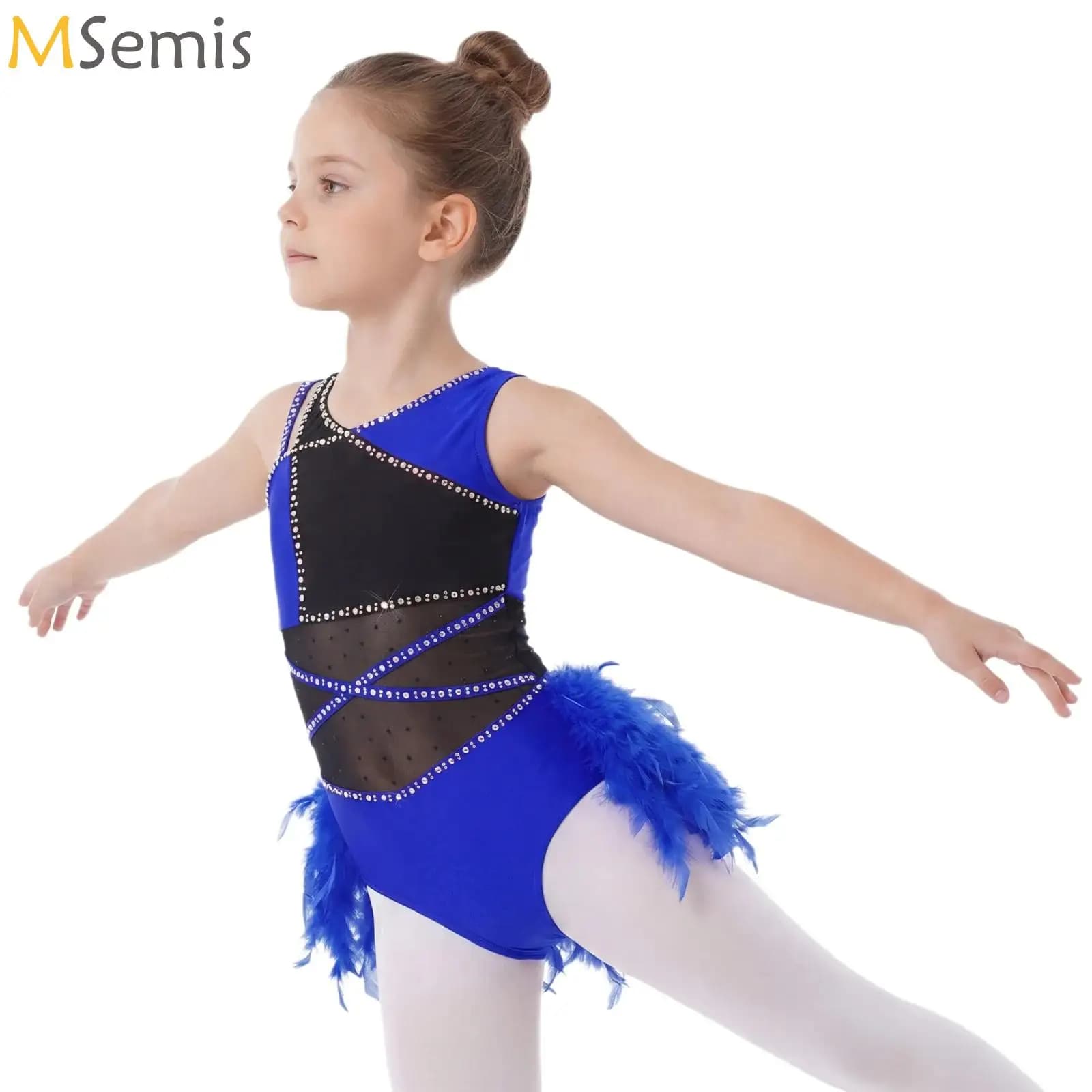 Body da Danza Classica per Bambine con Strass e Gonna di Piume, Abiti per Spettacoli Moderni, Lirici e Contemporanei