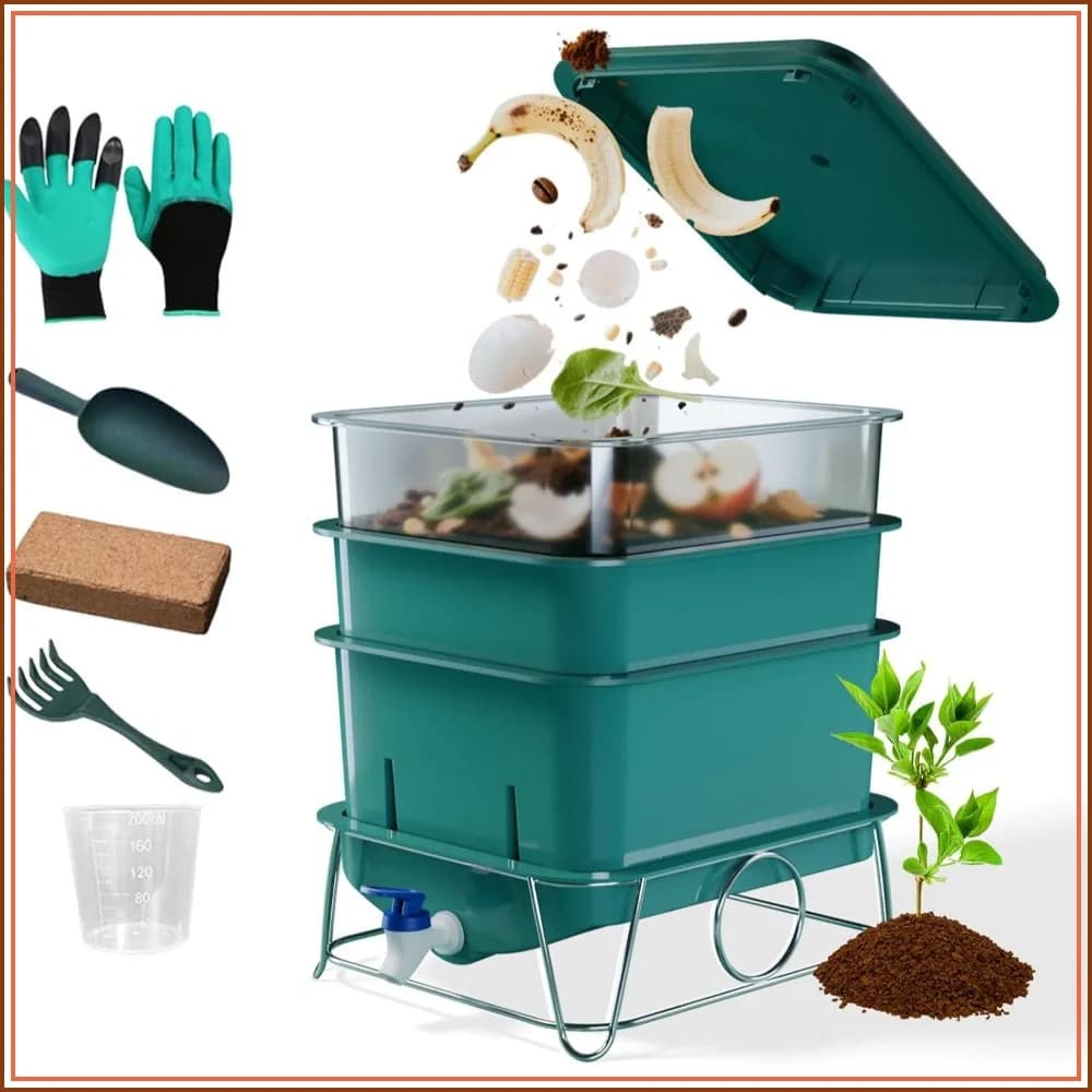 3-Tier 15L Worm Farm Composting Bin with Tool Set - Efficient Indoor/Outdoor Composter for Organic Waste Recycling, Beginner-Friendly Kit for Healthier Plants