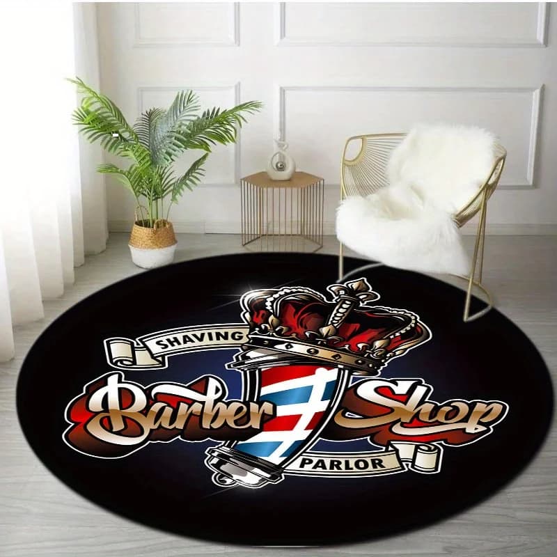 Tappetino rotondo a tema barber shop, adatto per ufficio e uso interno - lavabile, tappetino decorativo con design a corona neon