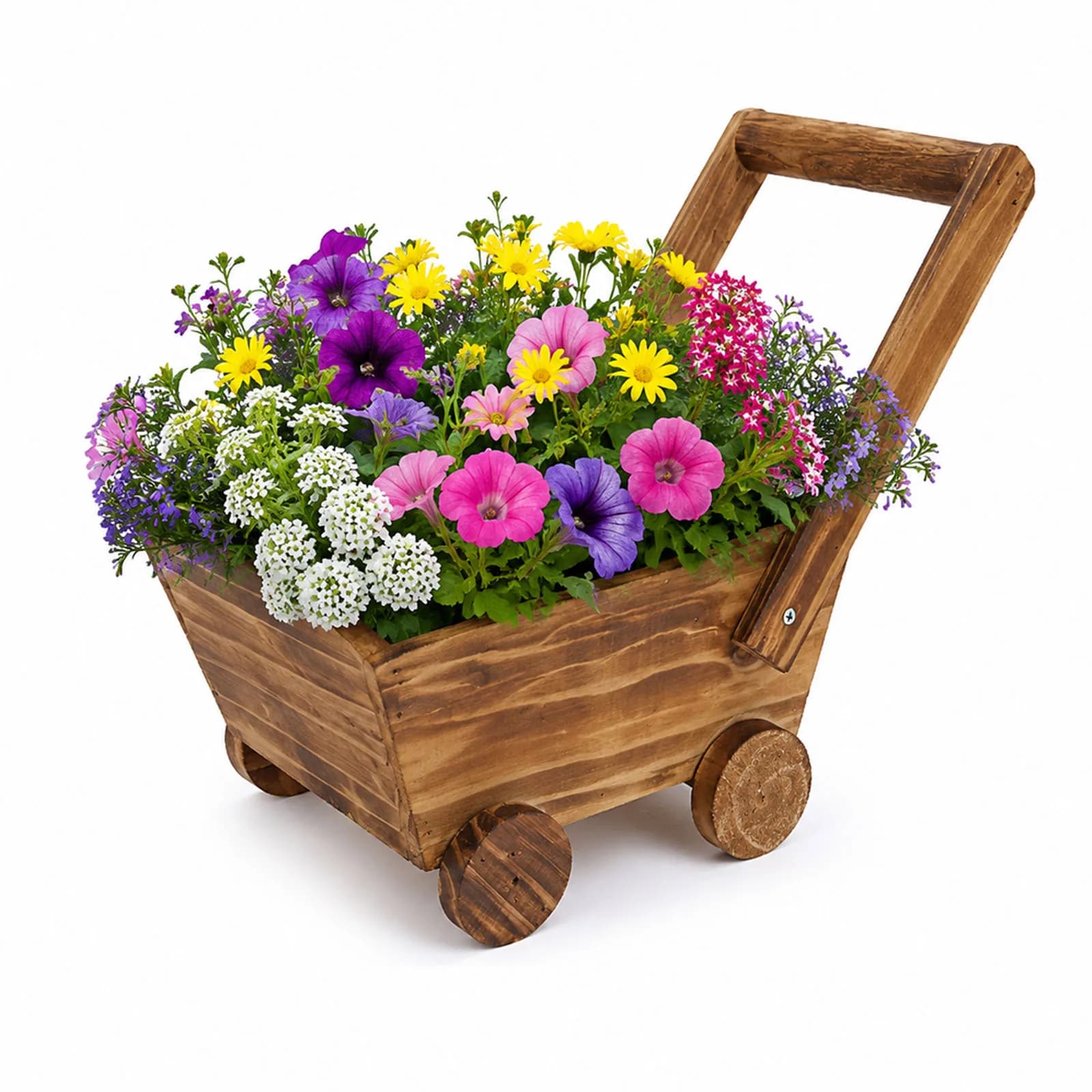 Rustic Wooden Wagon Planter Window Vanilla Planting Box with Wheels and Handle Vintage Wood Flower Pot