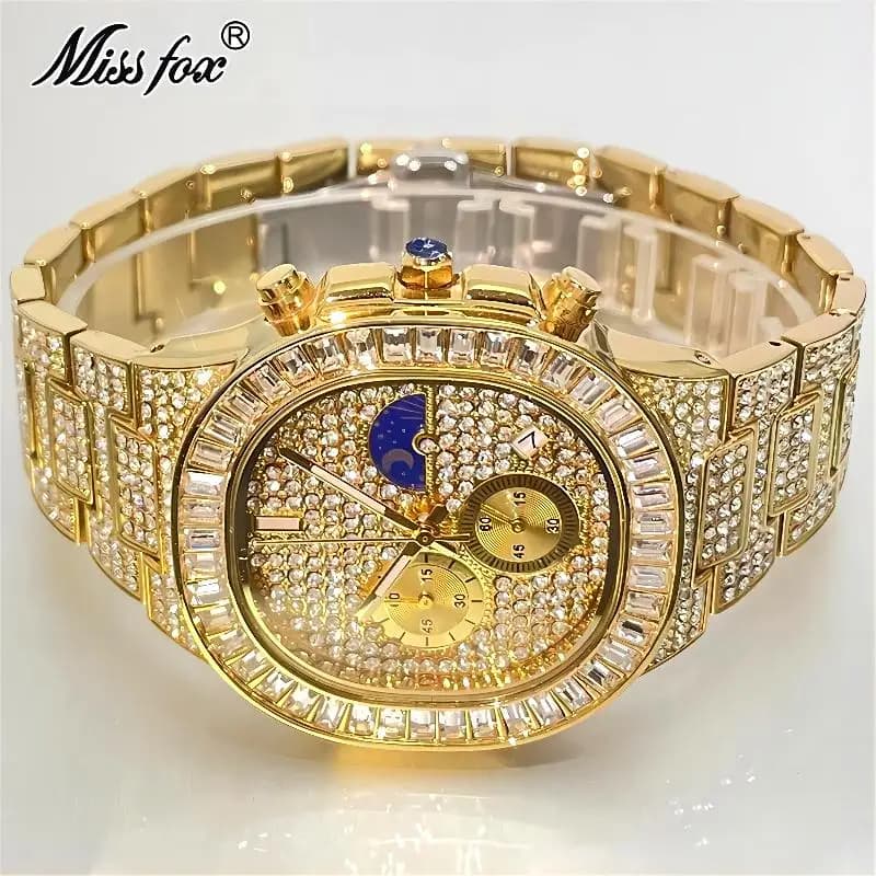 MISSFOX Luxury Gold Watches Men Fashion Iced Out orologi da polso al quarzo Hip Hop Square Diamond Moon Phase orologi Reloj Dropshipping