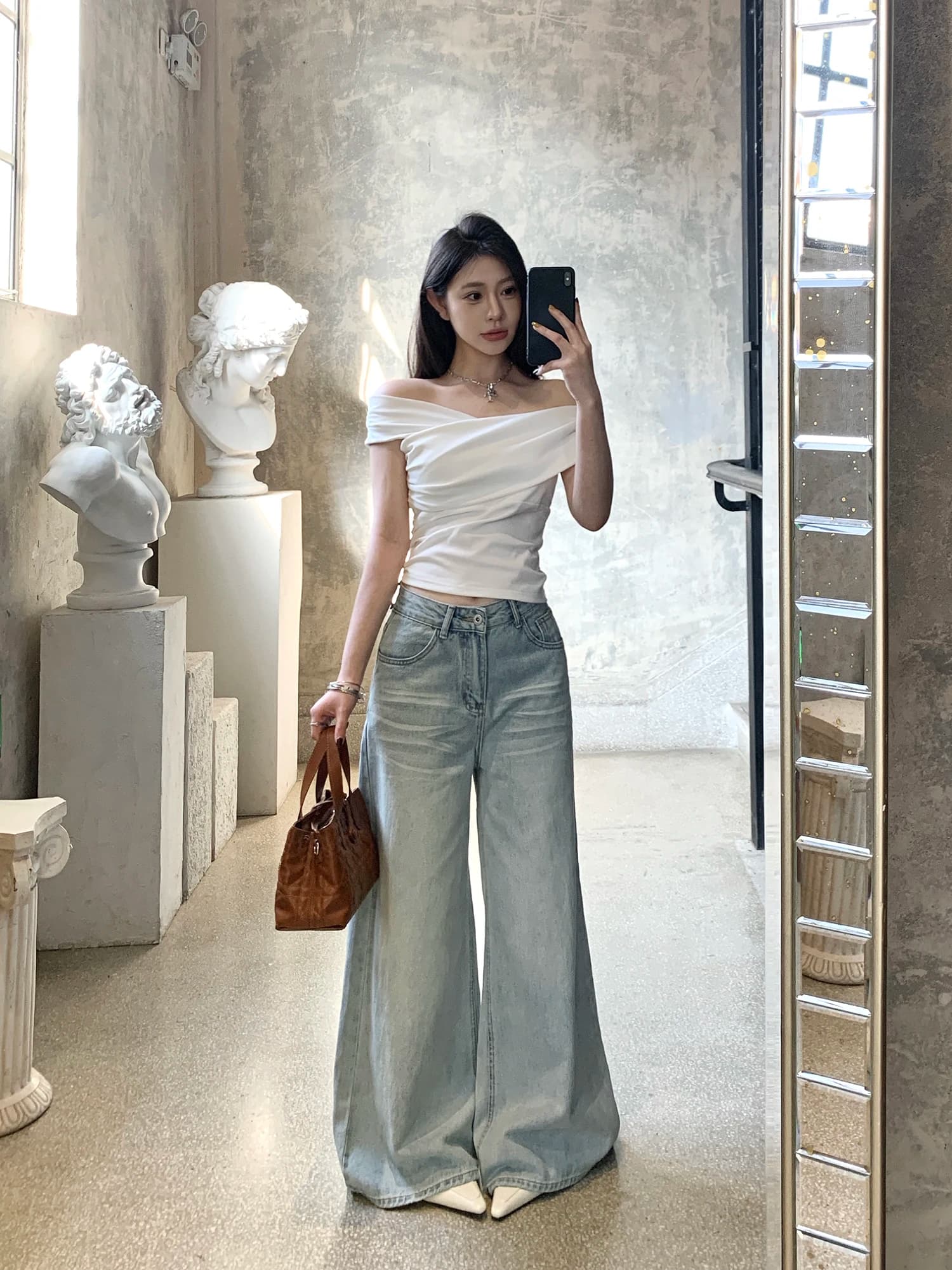 Vintage Washed Grey Wide Leg Jeans Women's Slimming Floor-Length Casual Straight Leg Pants Withmxboom Ladies Denim Trousers
