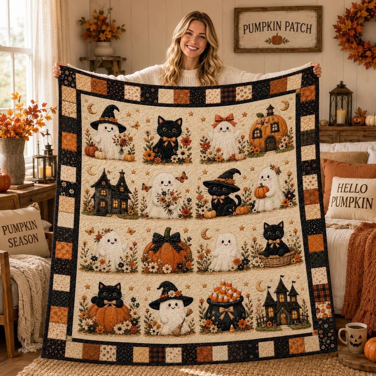 Halloween Quilt Blanket with Cute Black Cats, Pumpkins, Ghost, Witch Hat, Moon and Candles, Cozy Autumn Throw for Bed Sofa Room Decor