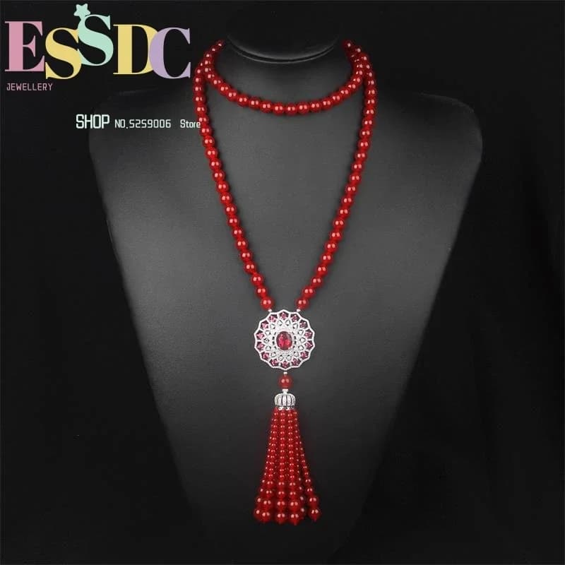 New Taiyang flower crystal necklace inlaid with natural red agate zircons long style for women's chain sweaters