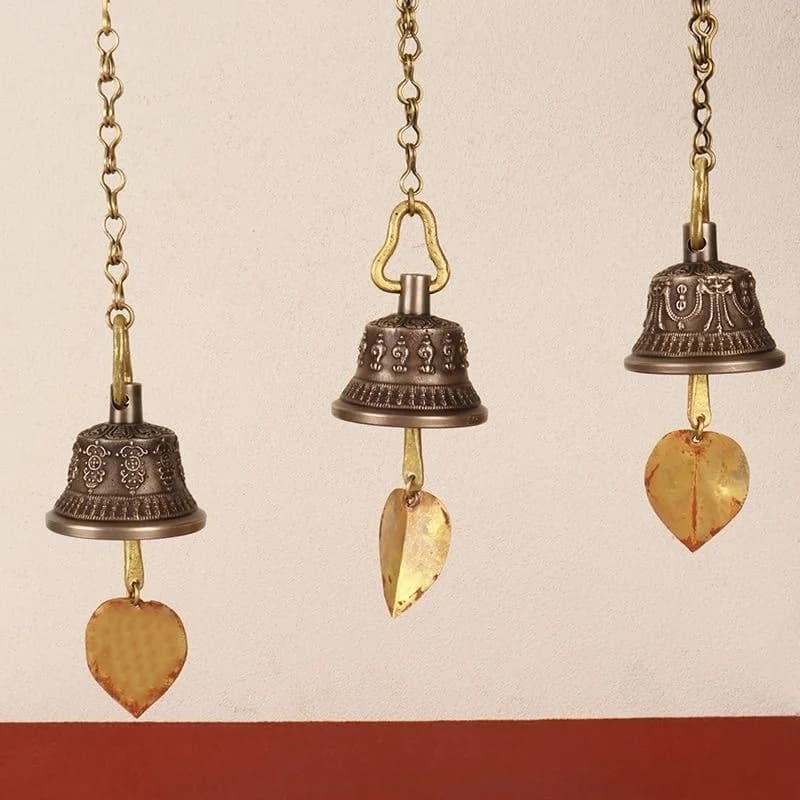 Tibetan Style Brass Wind Chime, Mini Hanging Bell, Retro Engraved Metal Pendant, Home Window Wall Spiritual Decor Ornament