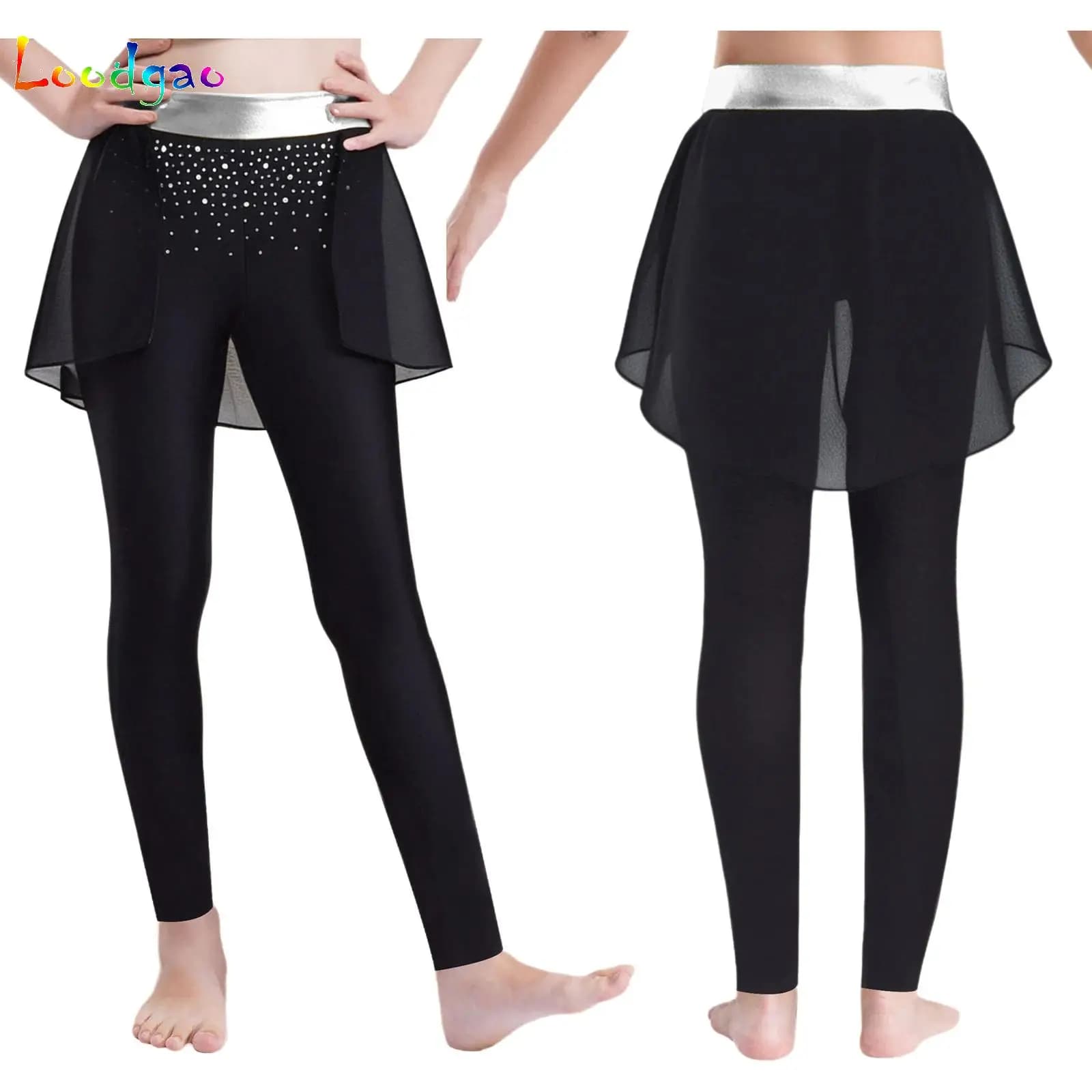 Pantaloni da ballo per ragazze per bambini, pattinaggio di figura, pantaloni con gonna, collant con strass, leggings, pantaloni per esercitazioni di fitness, pattinaggio su ghiaccio per adolescenti