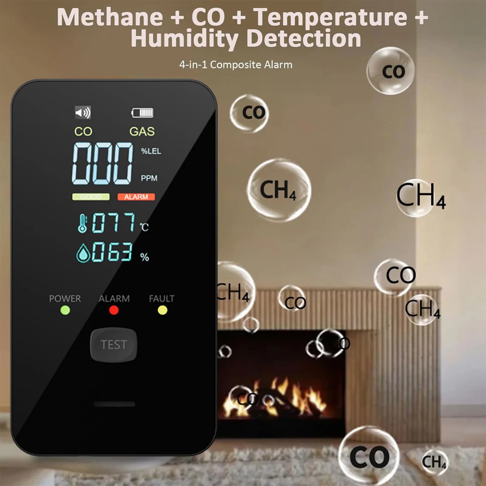 4-in-1 Portable Carbon Monoxide Alarm with Digital Display Plug-in CO Detector Real-Time CO Monitor for Home Kitchen RV Travel