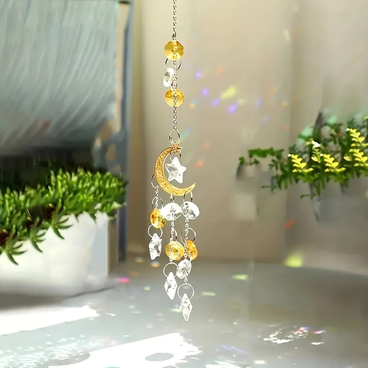 Crystal Wind Chime Moon Sun Star Catcher Prisms Pendant Dream Catcher Rainbow Hanging Drop Home Garden Corridor Decor Windchime