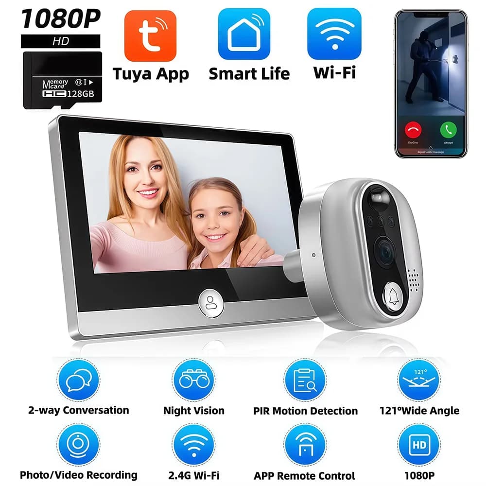 Tuya 1080P WiFi Campanello per porta Telecamera Google Alexa Smart Life Video Spioncino PIR Rilevatore di movimento Spioncino digitale con citofono