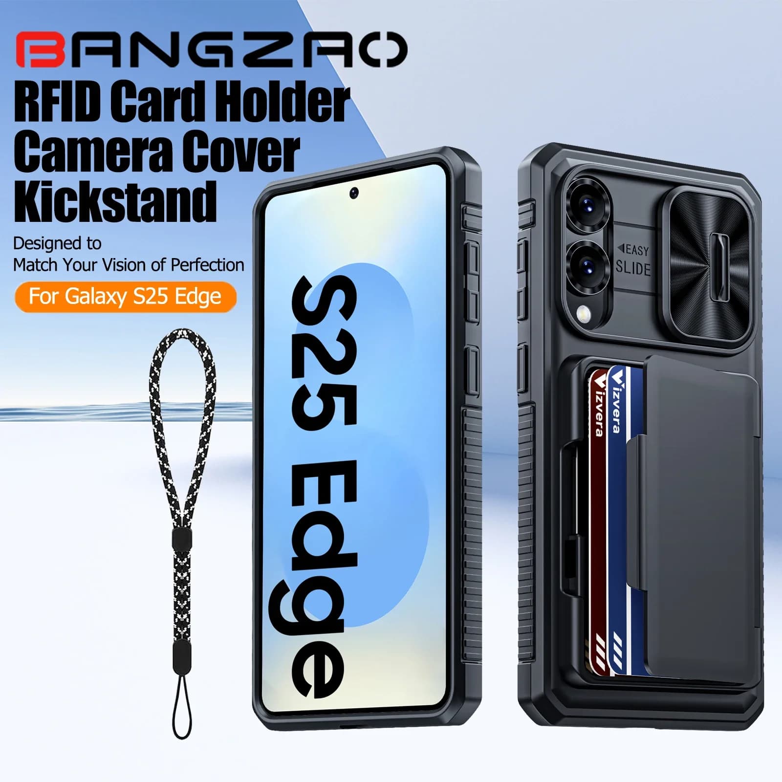 per Galaxy S25 Edge Custodia Portafoglio RFID, Porta carte, Custodia per fotocamera, Custodia protettiva per telefono in silicone antiurto robusta per tutto il corpo-Nero