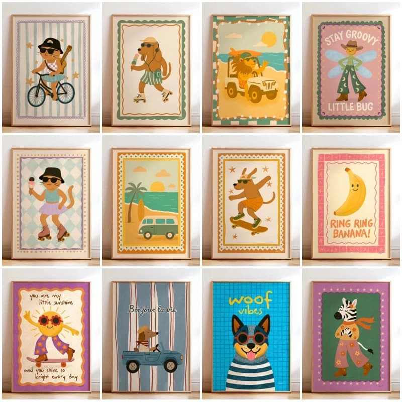 (2D canvas painting) Vintage Animal Illustration Poster Boho Nursery Print Canvas Painting Retro Kid Wall Art Picture for Gr