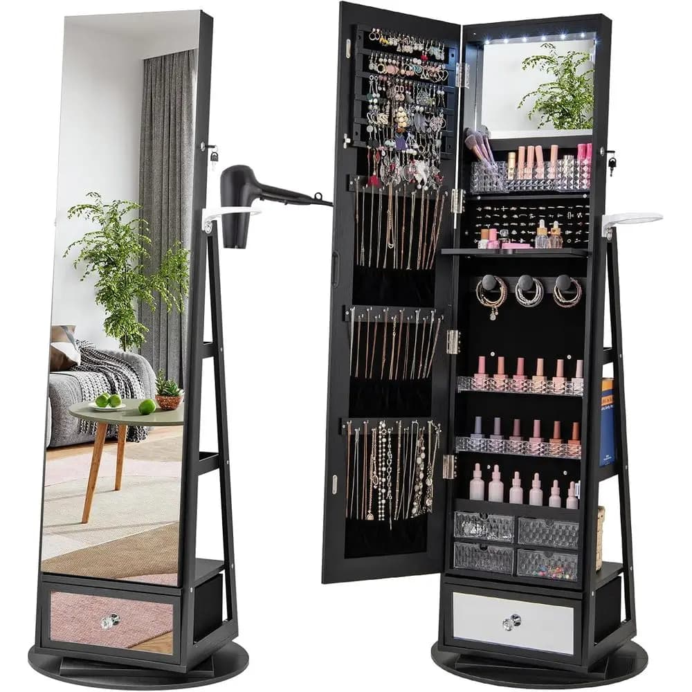 360° Swivel Jewelry Cabinet with Full-Length Mirror, Lockable Storage Armoire, Hair Dryer Holder, and Rear Shelves (Black)