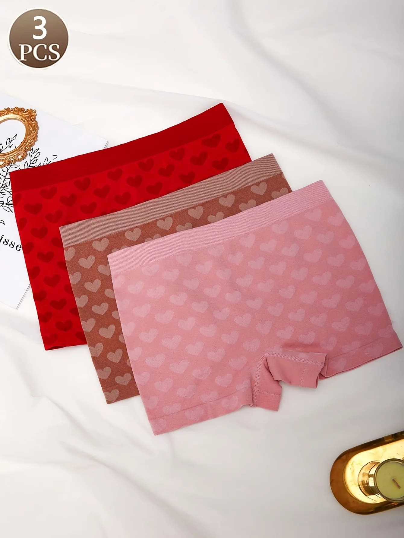 3PCS women's boxer briefs with heart pattern women's casual sports underwear with ribbed high waisted women's briefs