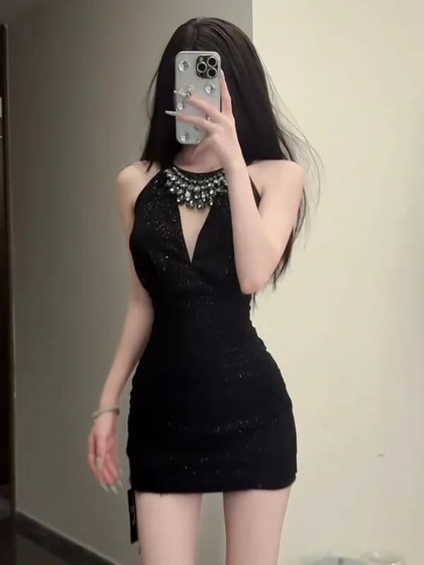 Sexy Slim Fit Black Diamond Embedded Heavy Work Summer New Style Women's Strap Dress High Waist Bodycon Skirt Casual Wear