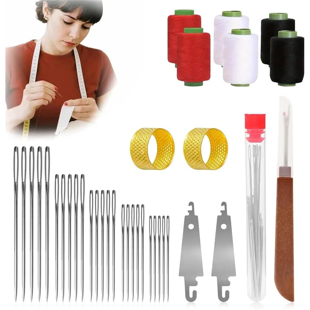 Kit aghi da cucito in acciaio Big Eye 37 pezzi | Set di aghi per cucire a mano di 5 dimensioni con custodia | Aghi da ricamo affilati in acciaio antiruggine