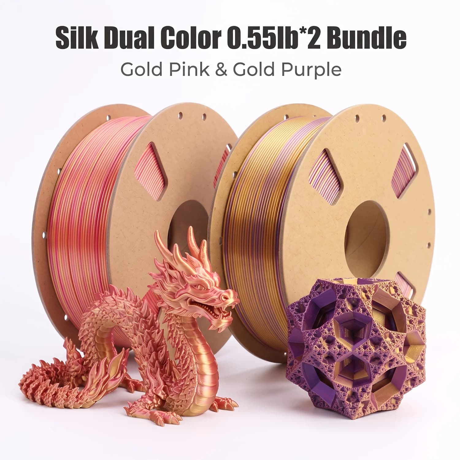 Dual Color Silk PLA Filament 1.75mm, ±0.02mm Accuracy, 200/250/500/1000g, Shiny Smooth, Gold-Purple/Gold-Pink