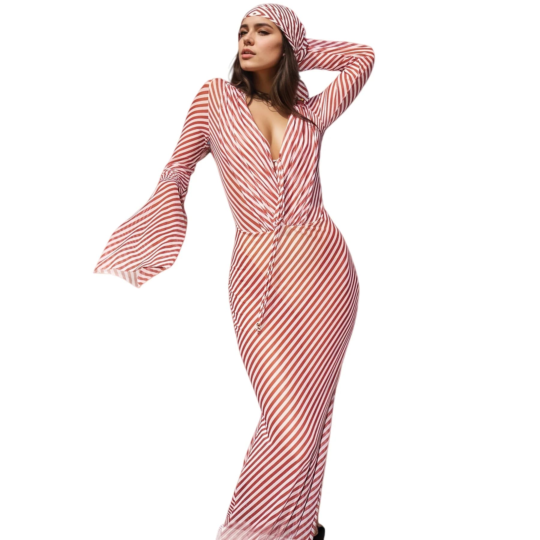 Fashion Chiffon Stripe 1Pcs Cover Ups Bikini Maxi Dress - Women's Bathing Suit Swimwear Summer Beachwear Casual