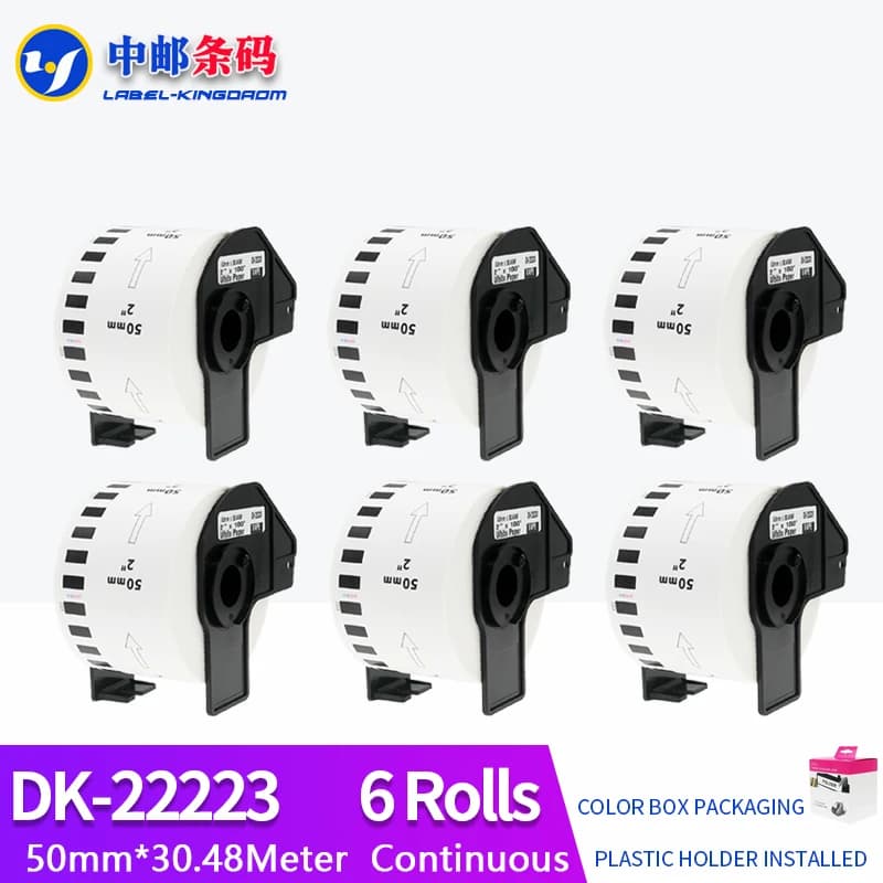 6 rotoli di etichette DK-22223 compatibili 50 mm * 30,48 M continue per stampante termica Brother QL-700/800 Tutti arrivati con supporto in plastica