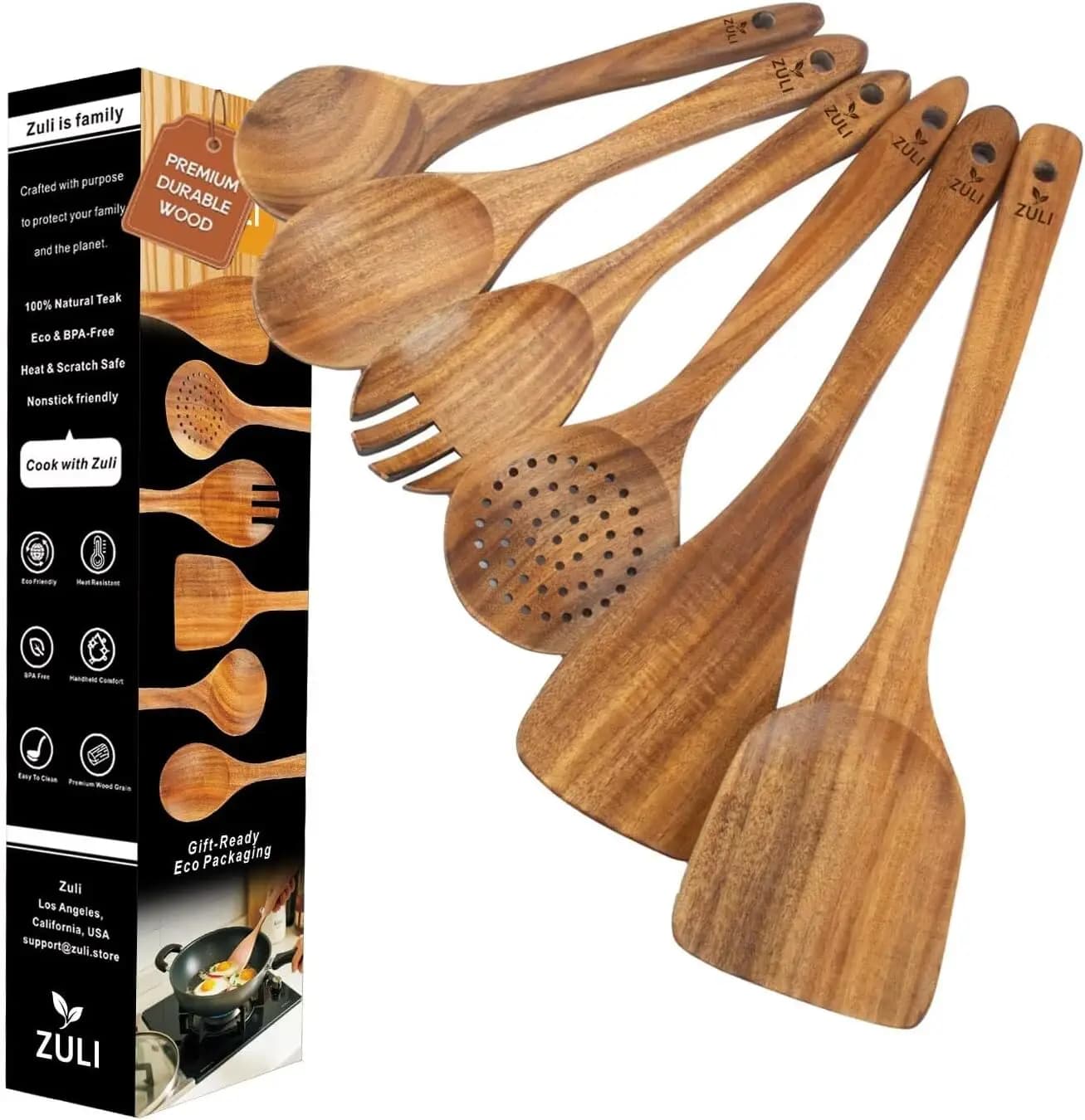 Set of 6 Kitchen Tools in Teak Wood, Ecological Tools for Anti-Agent Pots
