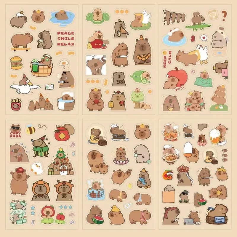 6Pcs/Pack Cute Cartoon Capybara Stickers Waterproof Transparent Stickers Kawaii Stationery Supplies Diary Decoration Stickers