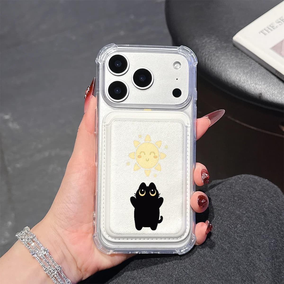 Sun and Black Cat Phone Case For iPhone 17 16 15 14 13 Pro Max Plus Wallet Pocket Transparent Soft TPU for Magnetic Phone Case