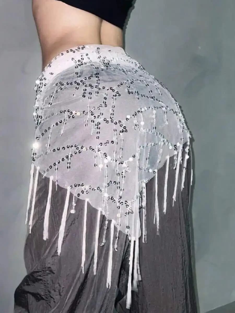 Women Belly Dance Sequin Tassel Hip Scarf Triangle Belt Wrap Skirts Music Festival Sheer Mesh Waist Chain