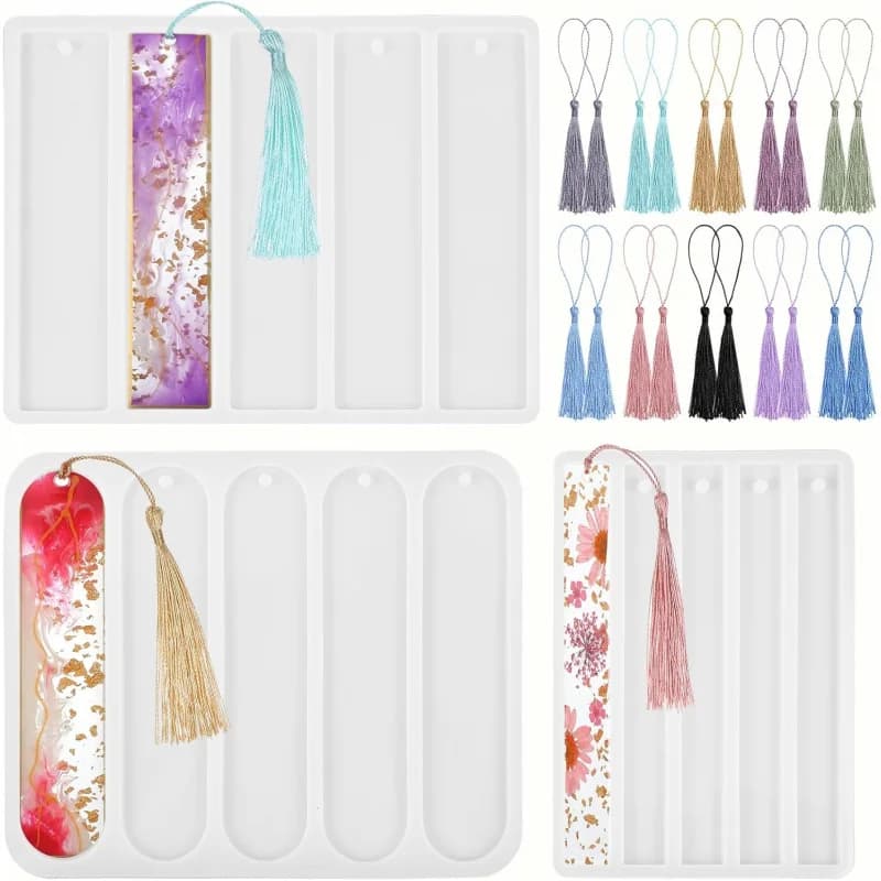 Set di tre stampi in silicone per segnalibri, stampo rettangolare per segnalibri, include 40 nappe, stampo in resina per segnalibri, adatto per segnalibri fai da te