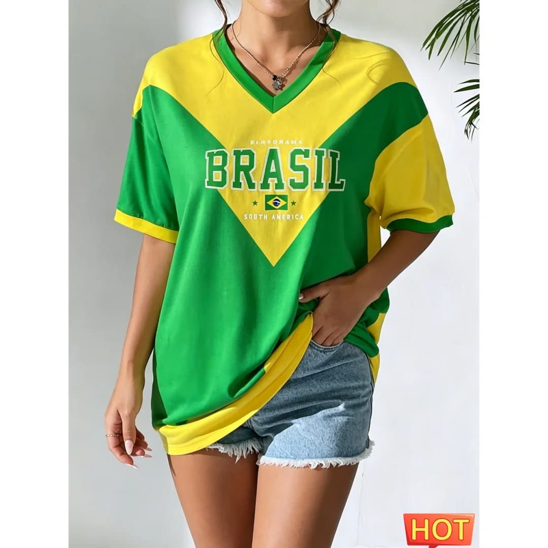 T-shirt estiva da donna con scollo a V, maglia da calcio brasiliana, t-shirt da donna con sfumatura giallo-verde, nuova maglia brasiliana ad asciugatura rapida