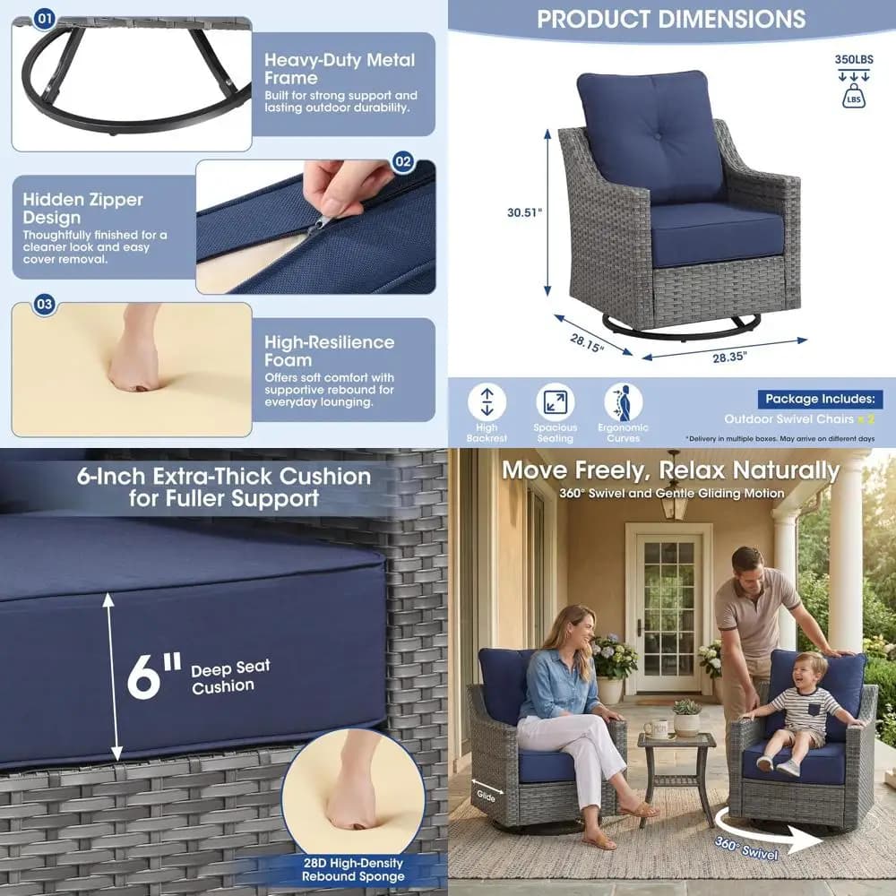 2-Piece Outdoor Swivel Rocker Set with Grey Wicker Chairs, Thick Cushions, High Backs, and Blue Covers for Patio, Deck