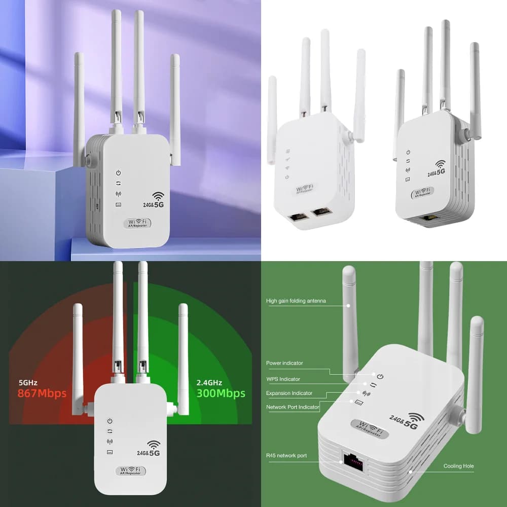 Ripetitore WiFi 1200Mbps con 4 Antenne, Dual-Band 2.4GHz/5GHz, Amplificatore di Segnale a Lungo Raggio, Estensore di Segnale Wireless per Router WiFi
