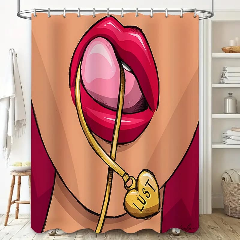 Tenda da doccia lussureggiante e sensuale – Labbra rosa vibranti e ciondolo a forma di cuore dorato – Perfetta per aggiungere un tocco di passione al bagno