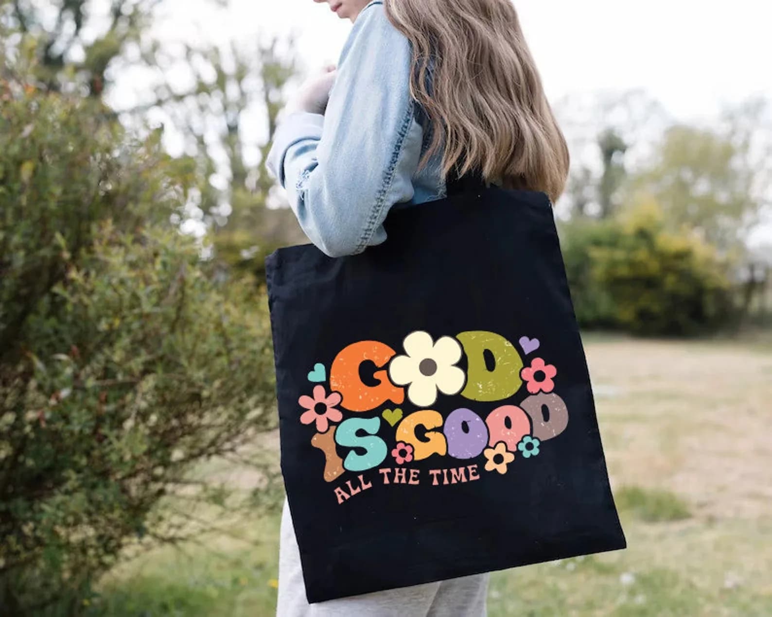 God Is Good Tote Bag Canvas Bag Shoulder Bag Handbag Retro Flower Print Christian Gift for Church Women Girls Daily Use Travel