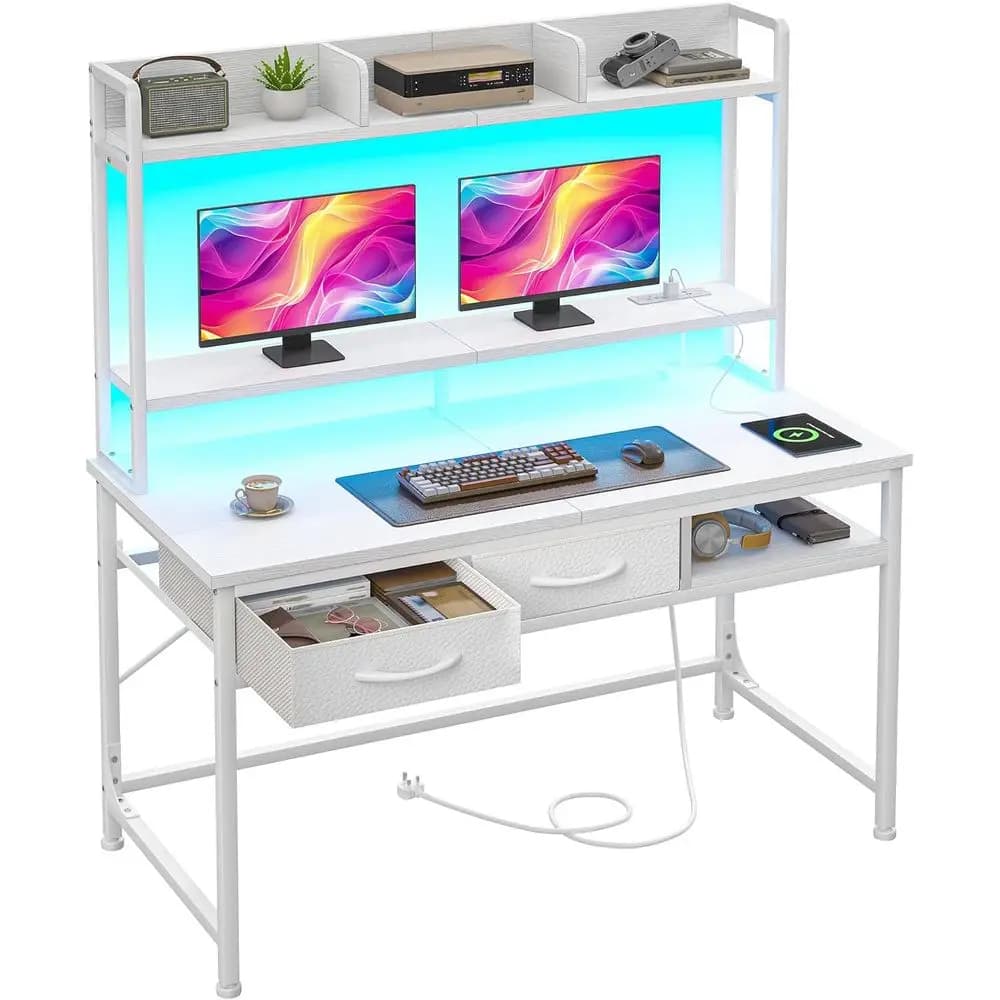 39.4 LED-Lit Gaming Desk with Monitor Stand, Power Outlet, 4-Tier Storage, Compact Home Office Desk, White
