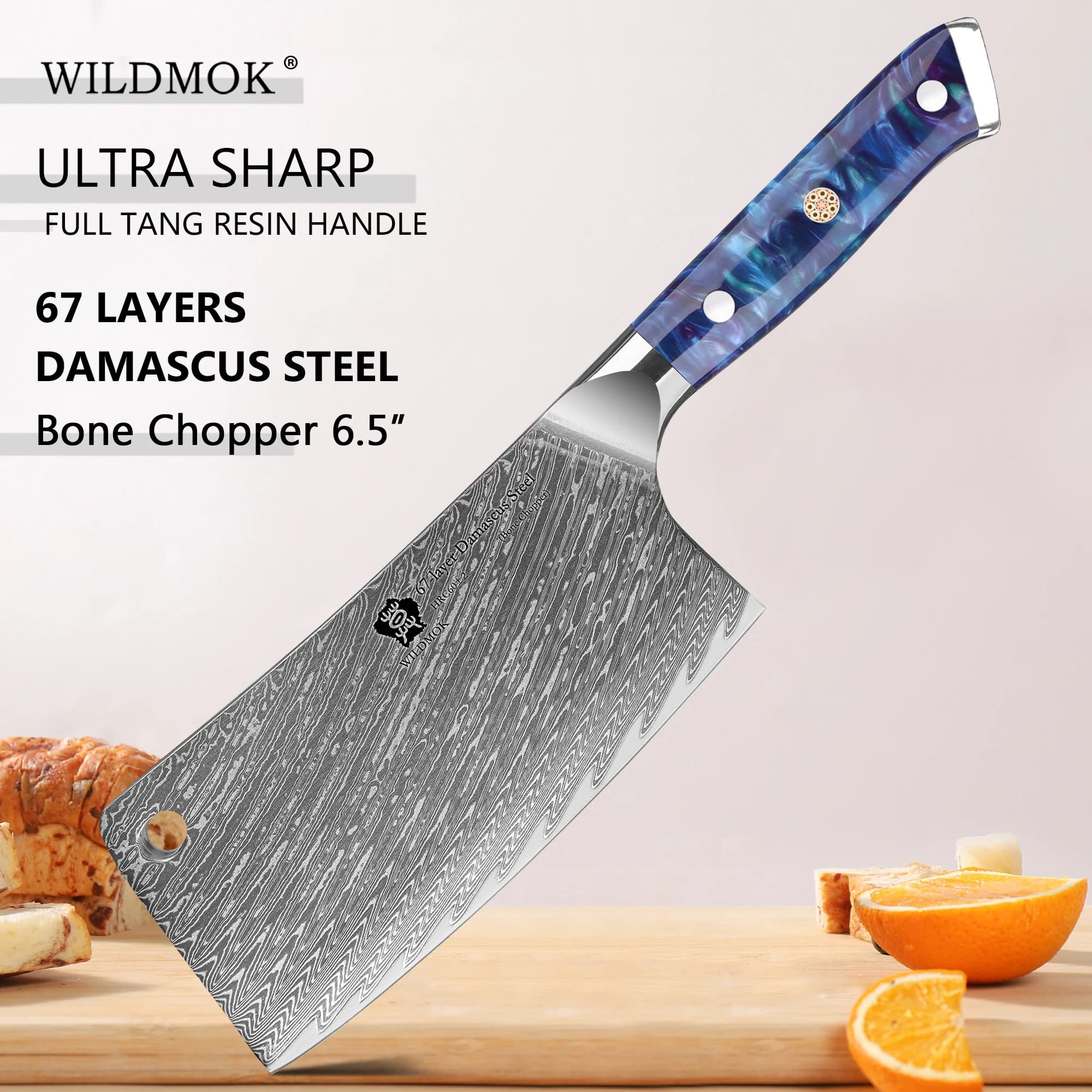 WILDMOK Heavy Duty Bone Chopping Knife Damascus Steel 6.5 Inch, Full Tang Kitchen Butcher Knife for Bones Meat with Resin Handle