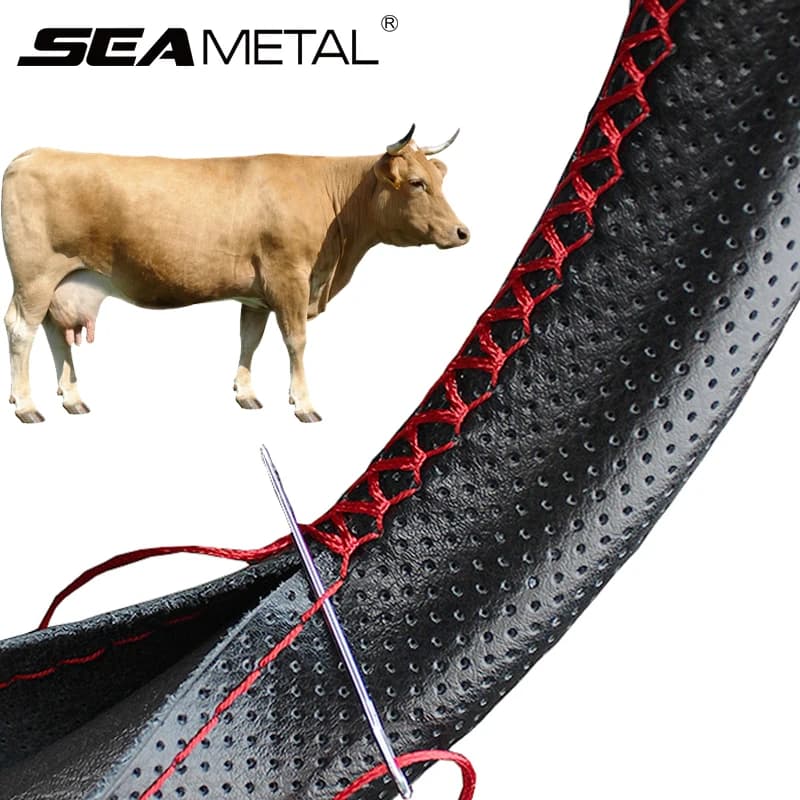 Coprivolante SEAMETAL in vera pelle per coprivolante intrecciato per auto, accessori per sterzo antigraffio