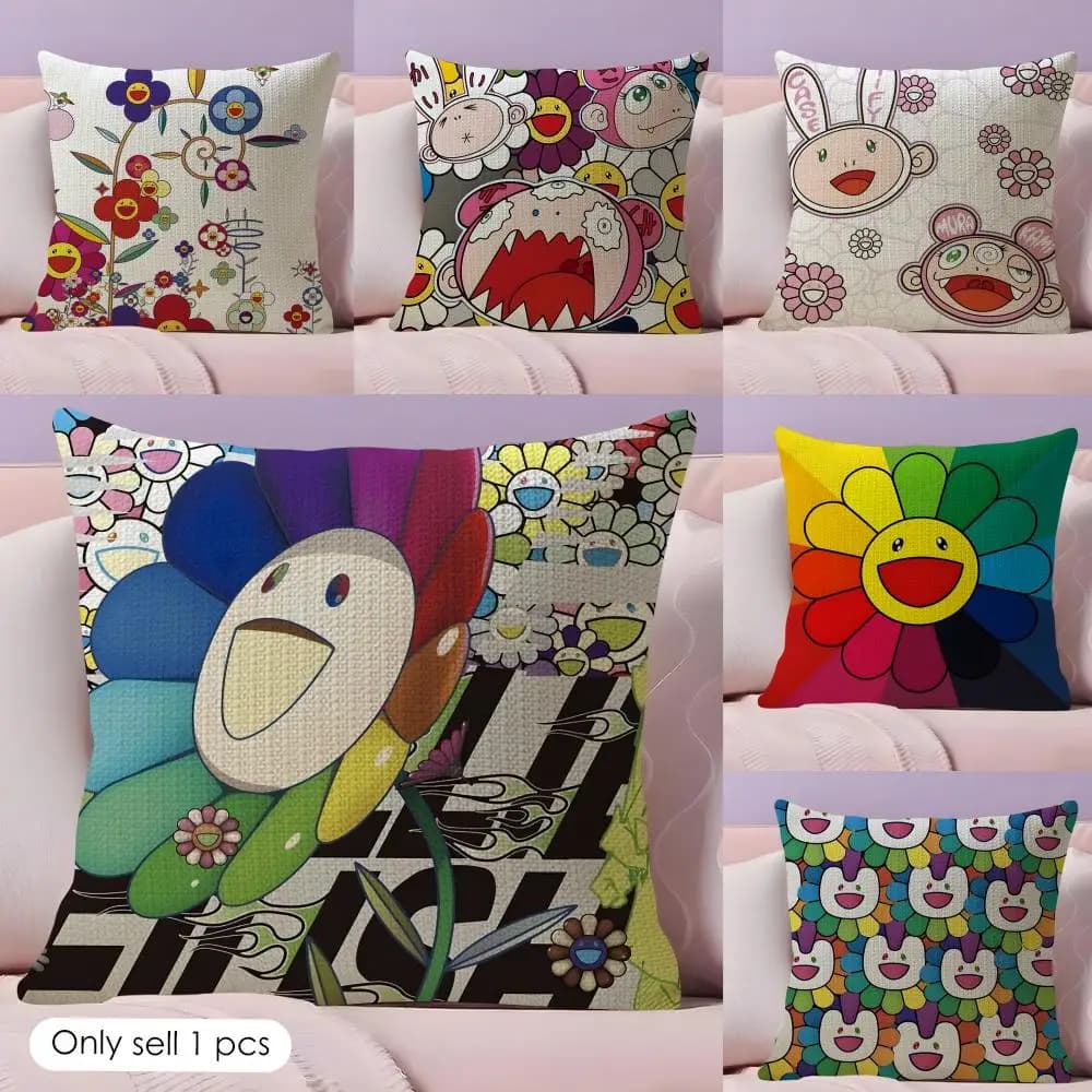 T-Takashi M-Murakami Art Cushion Cover Fodera per cuscino in lino naturale con stampa fronte-retro, federa decorativa per divano, decorazione per la casa, regalo