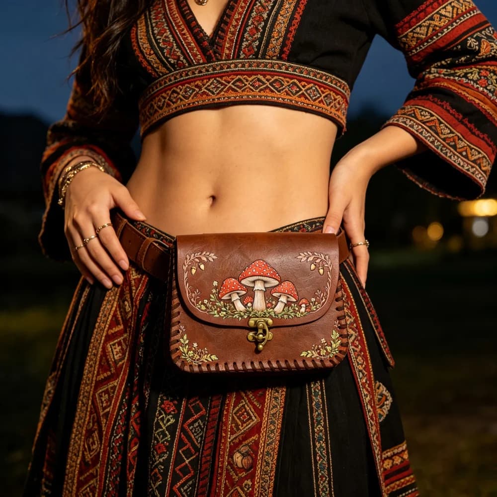 1 Piece Red Mushroom Print PU Waist Bag Medieval Renaissance Style, Distressed Faux Leather Flip Coin Pouch with Wide Belt, Mini