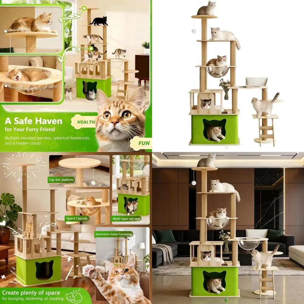 Torre per Gatti in Legno a 65 Livelli con 2 Letti, 2 Tana, Tiragraffi, Scala, Nido e Giocattolo per Gatti Grandi fino a 9 kg