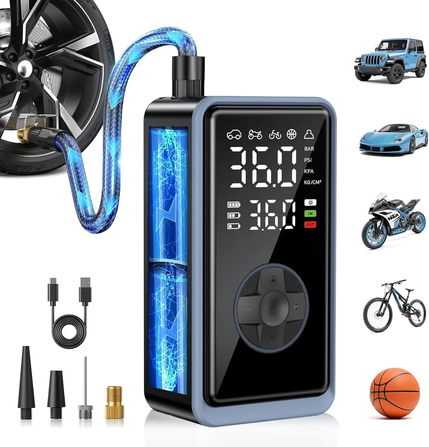 Compressore d'aria portatile 150PSI, pompa per pneumatici senza fili con manometro e luce a LED per auto, bici, moto