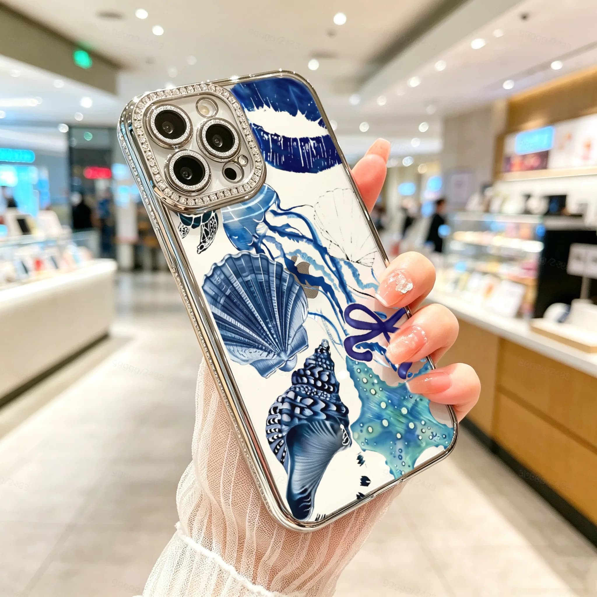 Diamond Electroplated TPU Phone Case for iPhone, Ocean Style Phone Case, Blue Seashell And Butterfly Pattern Design , Luxury Glitter Rhinestone Frame, Built-in Lens Protector, Anti-Slip Shockproof Clear Cover